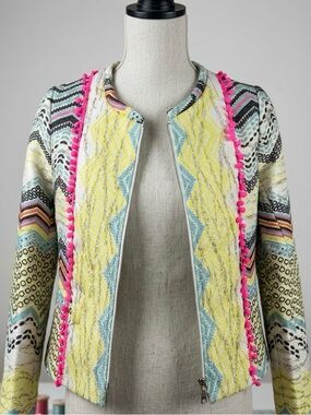 Women’s Multicolor Patterned Zip Jacket with Pink Trim